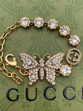 Gucci Gold-Tone Crystal Butterfly & GG Logo Tennis Bracelet